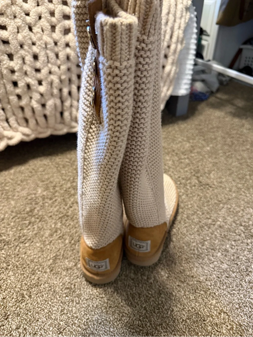UGG Women's Over-the-Knee Knit Boots in Cream with Button Detail 8